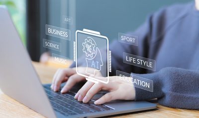 Pessoa digitando. Inteligência artificial implementando várias opções. 