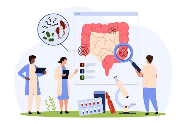 Médicos a examinar a flora intestinal.