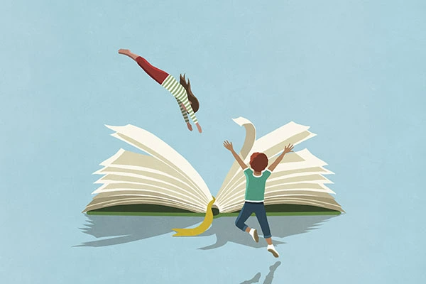 Imagem vetorial de um livro aberto e uma menina que se lança sobre suas páginas, como se o livro fosse uma piscina. À frente, um menino levanta as mãos em sinal de alegria.