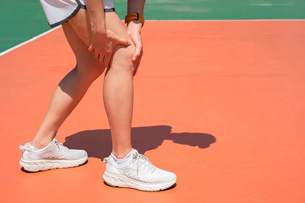 Um atleta segurando o joelho devido a uma lesão no ligamento cruzado anterior.