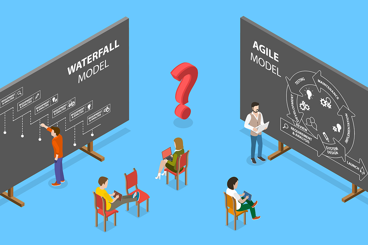 Ilustración de unos pizarrones que contienen las características del modelo Walterfall y Agile para la gestión de proyectos.